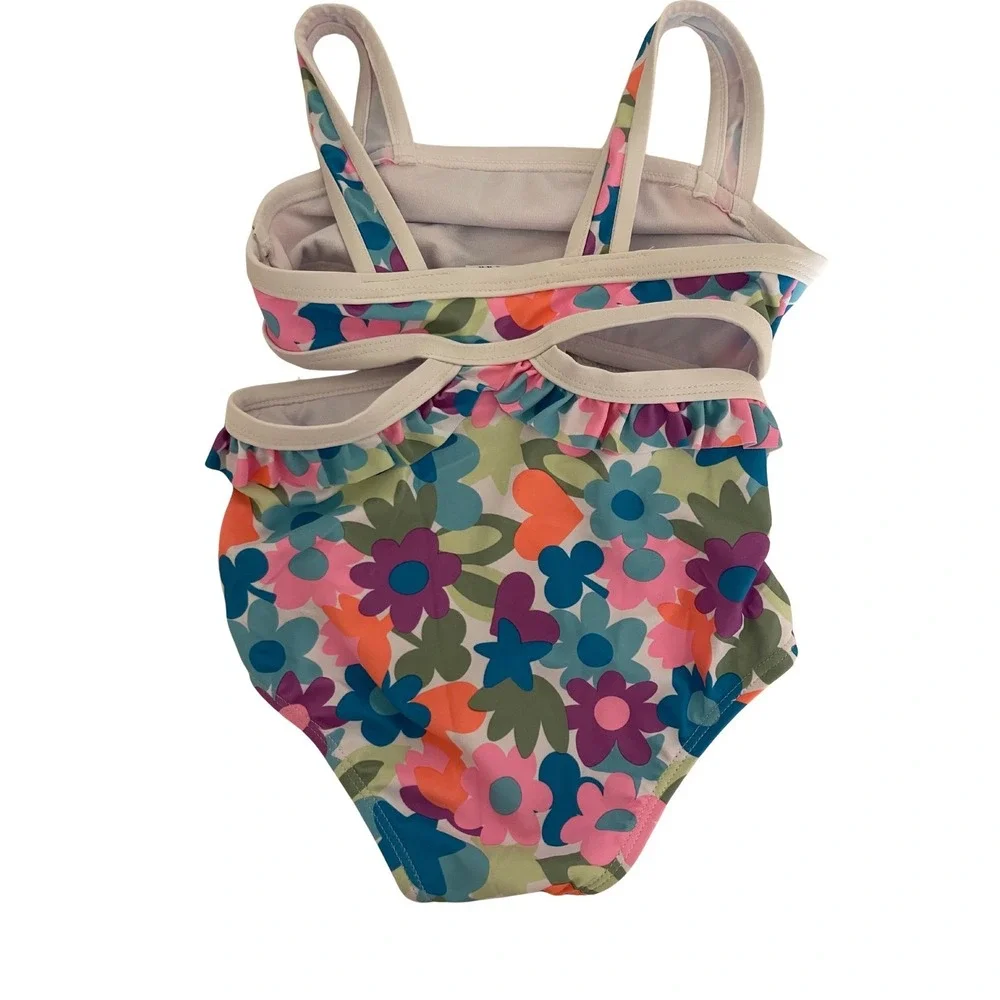 Nicole‎ Miller Floral One Piece Swimsuit Ruffle Trim Cut Out Girls Size 5 New